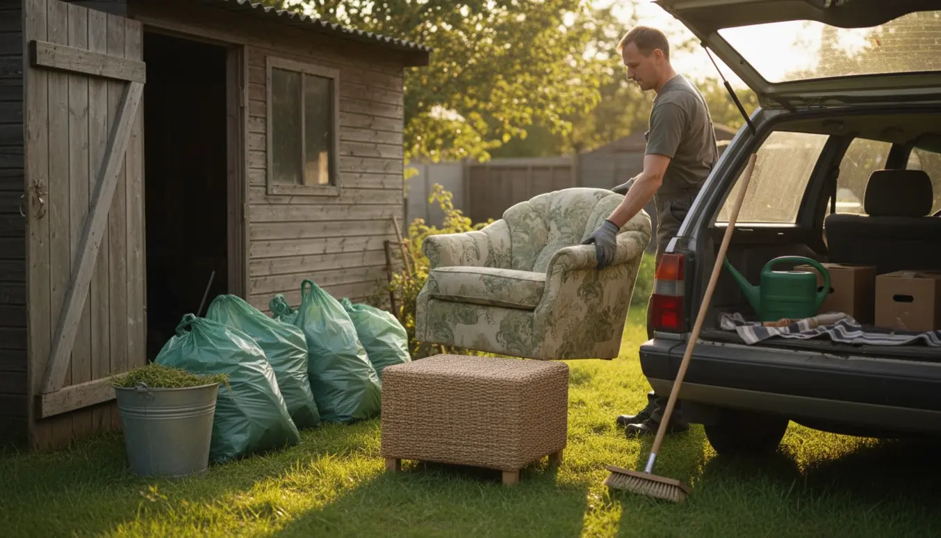 En person løfter en hvilestol ved et åbent skur, med poser med haveaffald, spand og gulvskrubbe klar til afhentning.