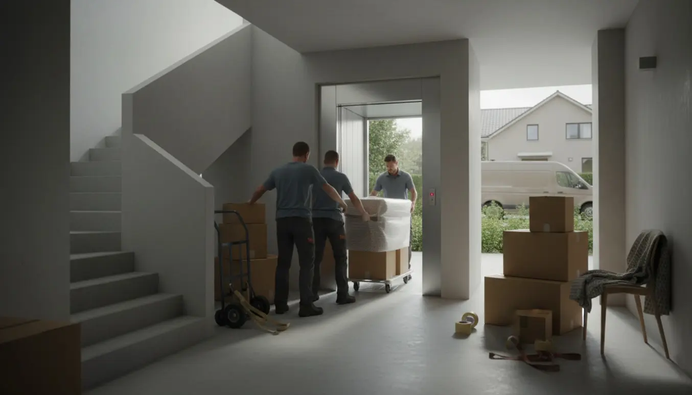 Mænd læsser flyttekasser og et indpakket skrivebord ind i elevator på en fjerde sals opgang klar til flytning til et hus.