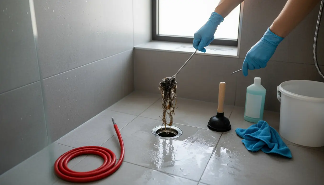 Gummihandsker trækker hår og snavs op af et stoppet bruseafløb i en moderne flisebruse.