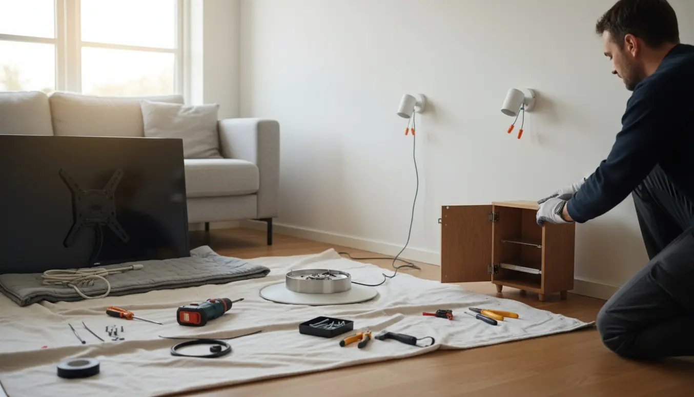 Hænder afmonterer lamper, et lille skab og et tv i en lys, moderne stue med værktøj spredt på gulvet.