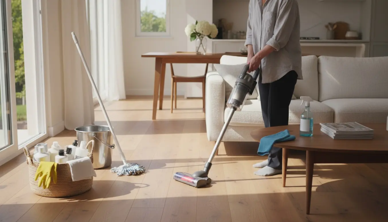 Hænder støvsuger et lyst trægulv i en solfyldt stue med rengøringsudstyr samlet ved siden af.