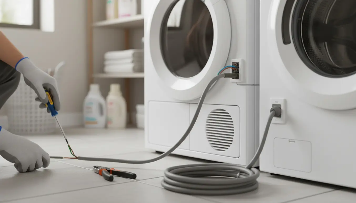Tekniker tilslutter tørretumblerens trelederkabel i et vaskerum, ledningen er lidt for kort.