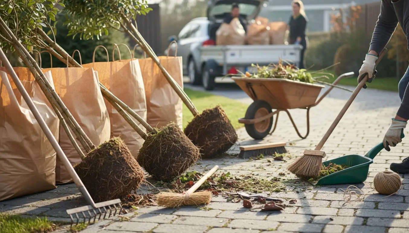 Seks poser med haveaffald og tre store 150 cm planter samlet ved en flisebelagt indkørsel klar til bortskaffelse.
