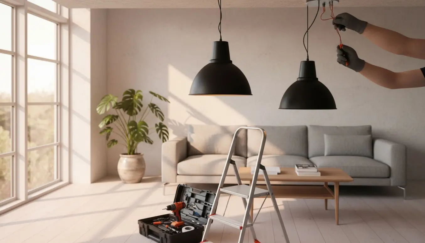 To pendellamper ophænges i en moderne stue, en person på en stige justerer en lampe.