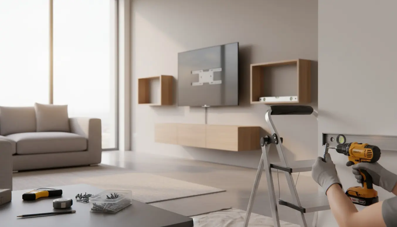 Hænger et 55-tommer fladskærms-tv, væghængt tv-bord og to reoler monteres på en neutral væg med værktøj i forgrunden.