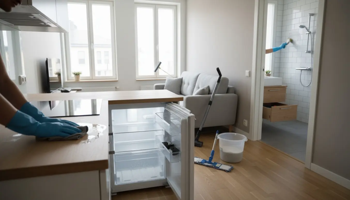 Hænder uden synligt ansigt pudser vindue og tørrer køkken- og badeværelsesflader i en lys, velordnet lejlighed.