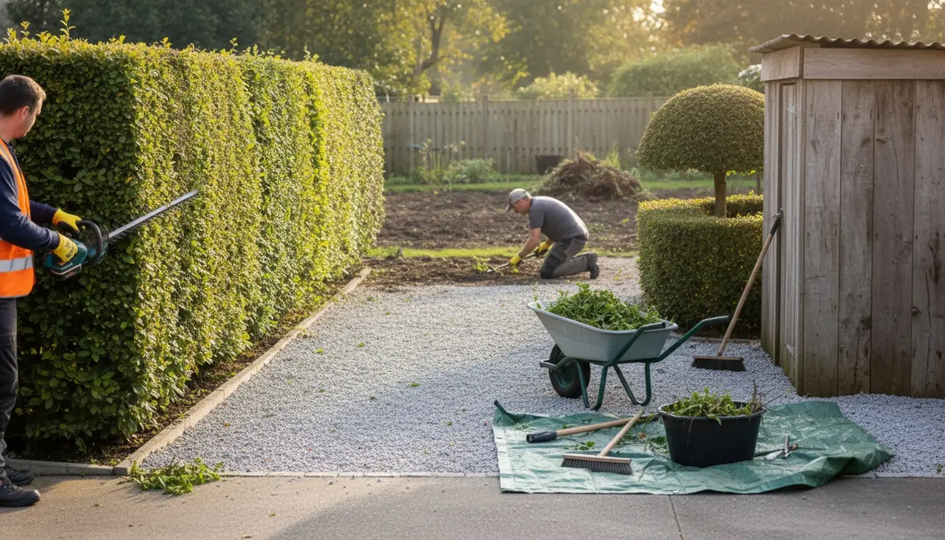 Person klipper en lang, 2 m høj hæk og luger havegange ved grus med værktøj og en skovl klar.