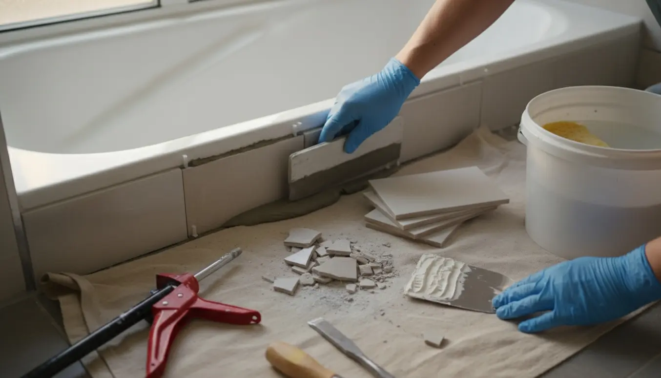 Nærbillede af udskiftning af badeværelsesfliser ved karrets kant med fliser, fuge og værktøj.