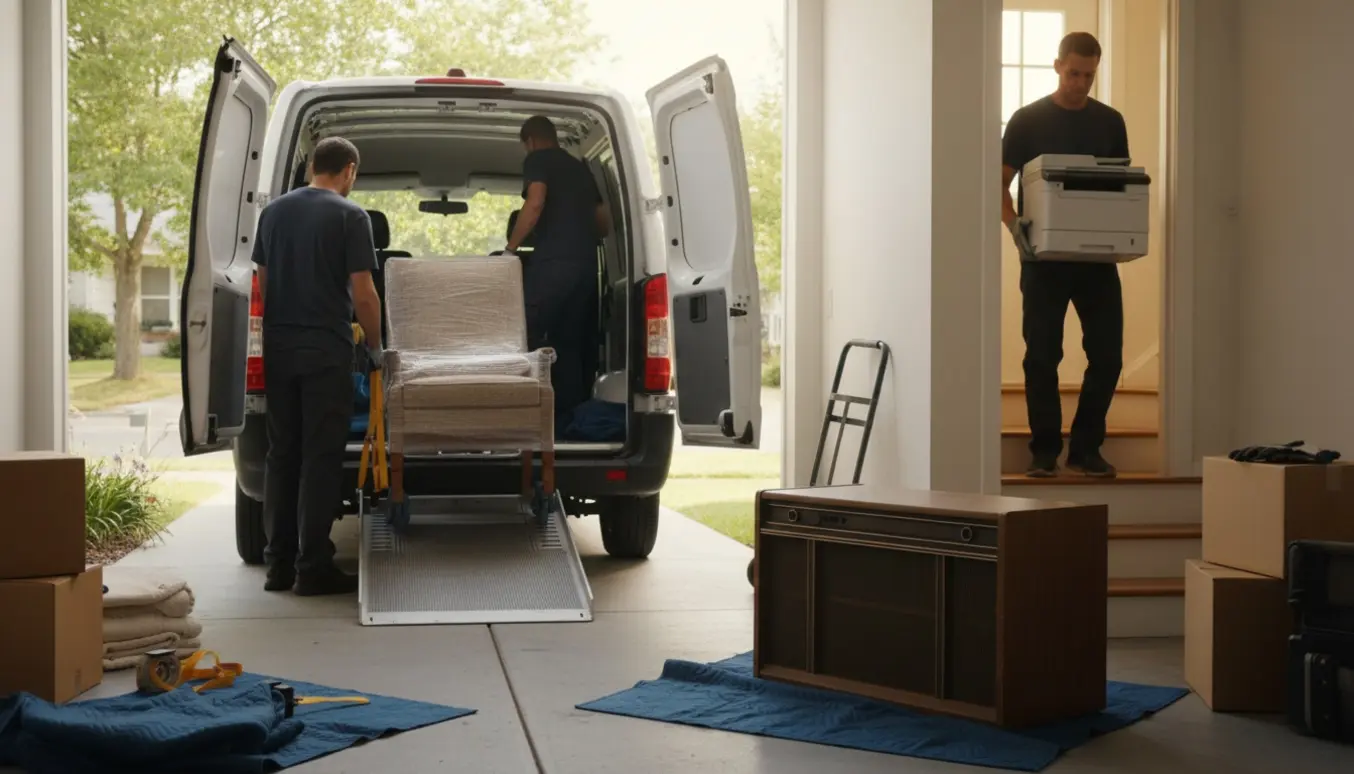 Flyttefolk læsser en lænestol, en printer og en tung vintage stereo op i en varebil til bortkørsel.