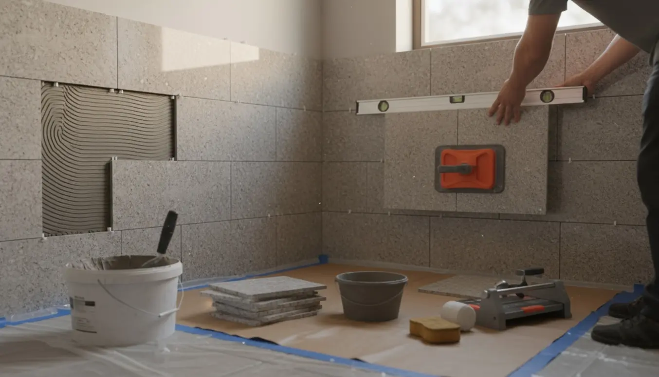 Brusehjørne under fliselægning med granitfliser, værktøj og beskyttet eksisterende gulv.