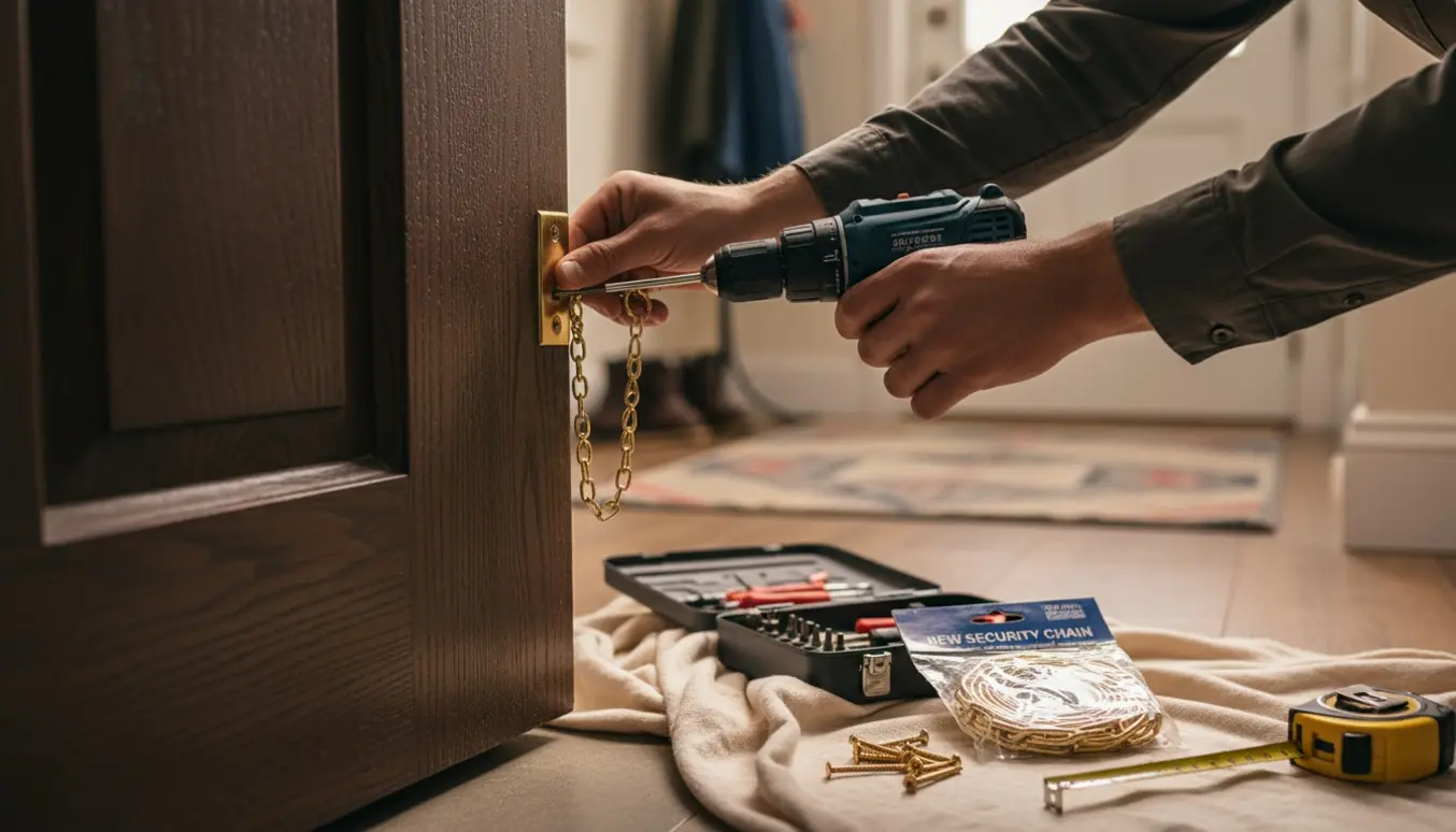 Nærbillede af hænder, der monterer en sikkerhedskæde på en træ hoveddør med kæde og værktøj ved siden af.