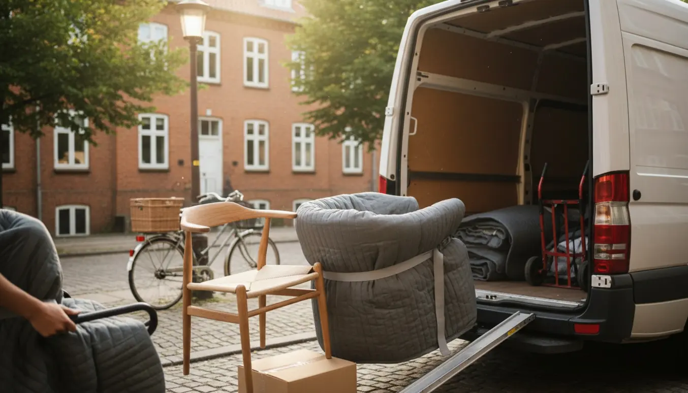 Tre stole læsses i en varevogn på en københavnsk villavej.