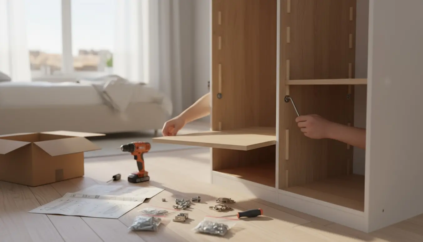 Hænder samler et delvist færdigt skab af lyst træ med værktøj og skruer i et lyst værelse.