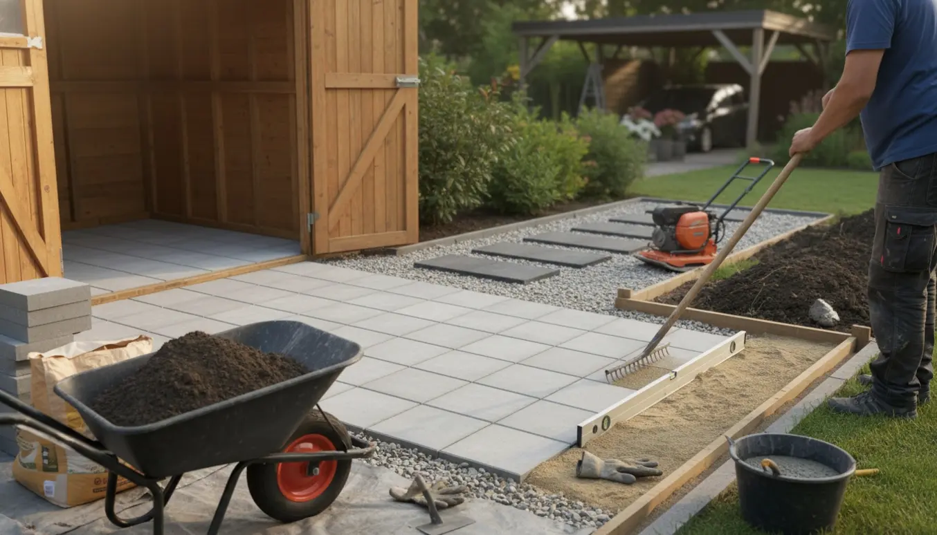 Ny flisebelægning ved et åbent skur med værktøj, bunker af jord og fem trædesten mod carporten.