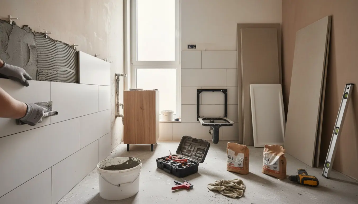 Lille badeværelse under renovering med fliser, værktøj og et væghængt toiletkabinet klar til montering.