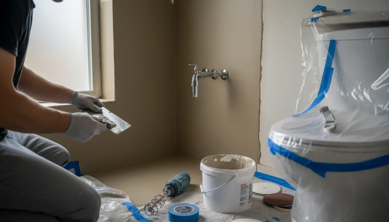 Håndværker glatter mikrocement på væg og gulv i et lille badeværelse, toilet og brusearmatur er på plads, håndvask fjernet.