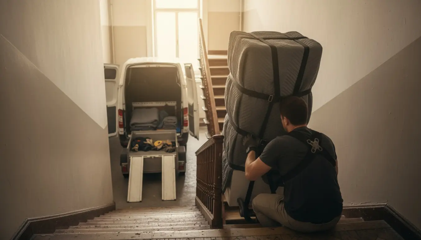 To flyttehjælpere bærer et indpakket kølefryseskab ned ad en smal opgang mod en ventende varevogn.