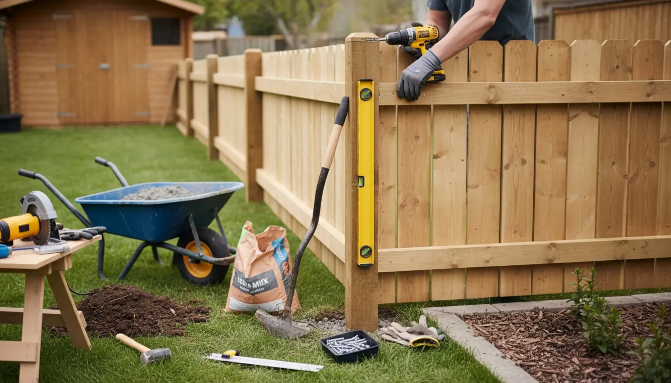 To træhegnssektioner monteres mellem stolper i en baghave med værktøj og materialer samlet omkring arbejdsstedet.