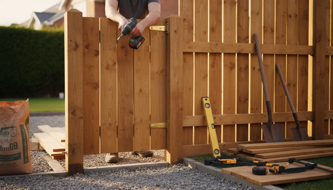 Håndværker monterer lodret træhegn med stolper og havelåge i en indkørsel, med værktøj og materialer i fokus.