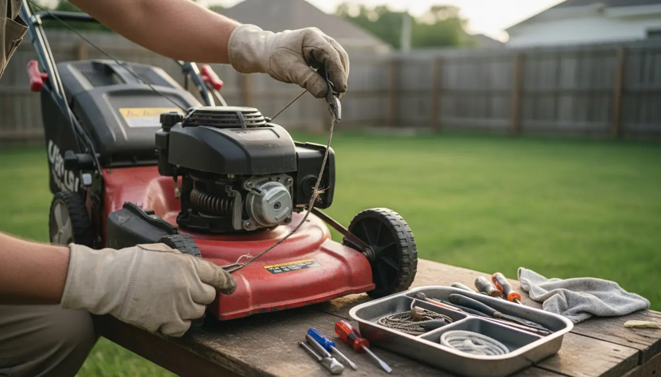 Nærbillede af hænder, der undersøger et slack start-/stopkabel på en åben plæneklippers startmekanisme med værktøj ved siden af.