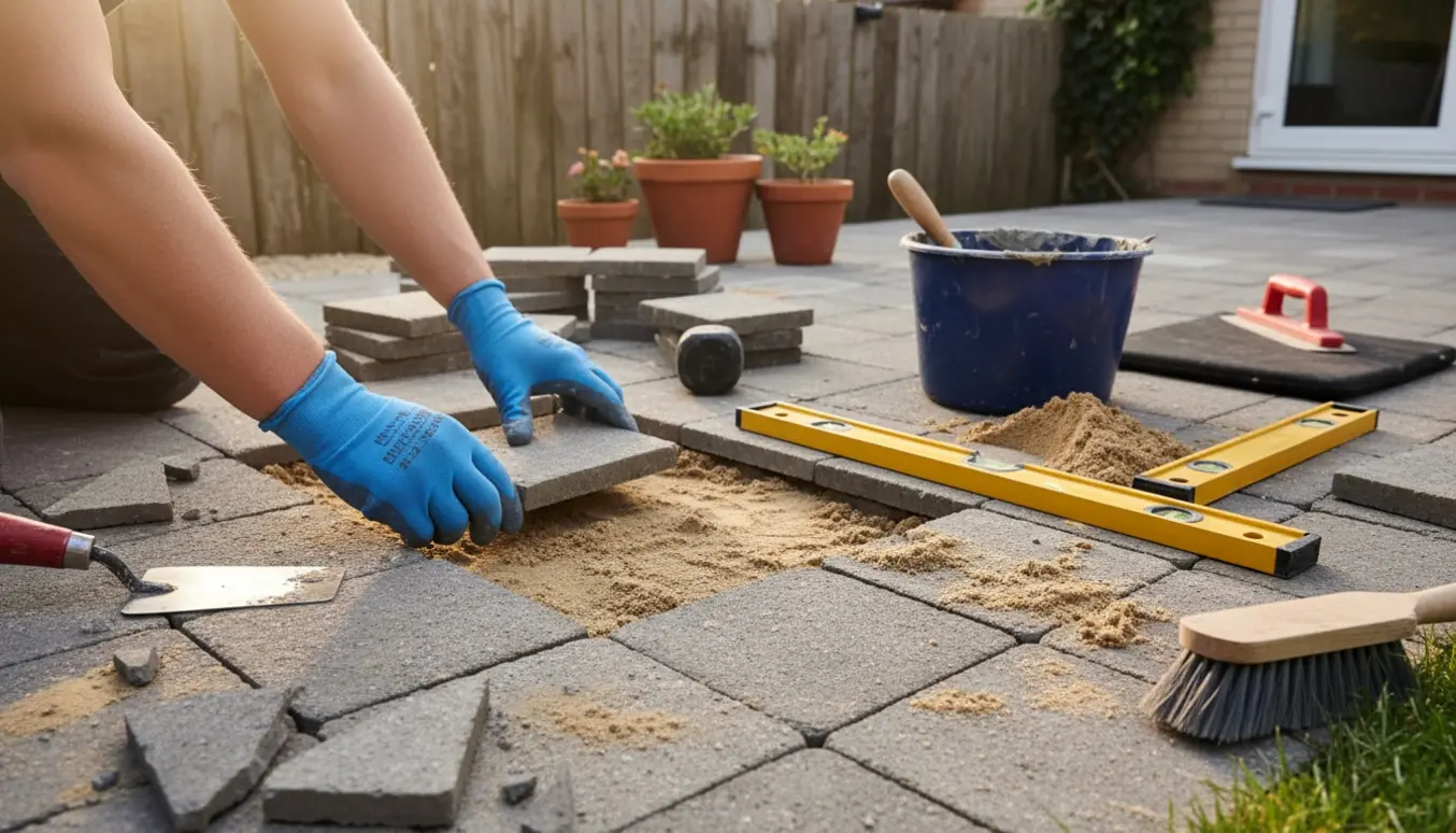 Nærbillede af hænder, der lægger en ny flise i en terrasse med værktøj og flisestykker omkring.