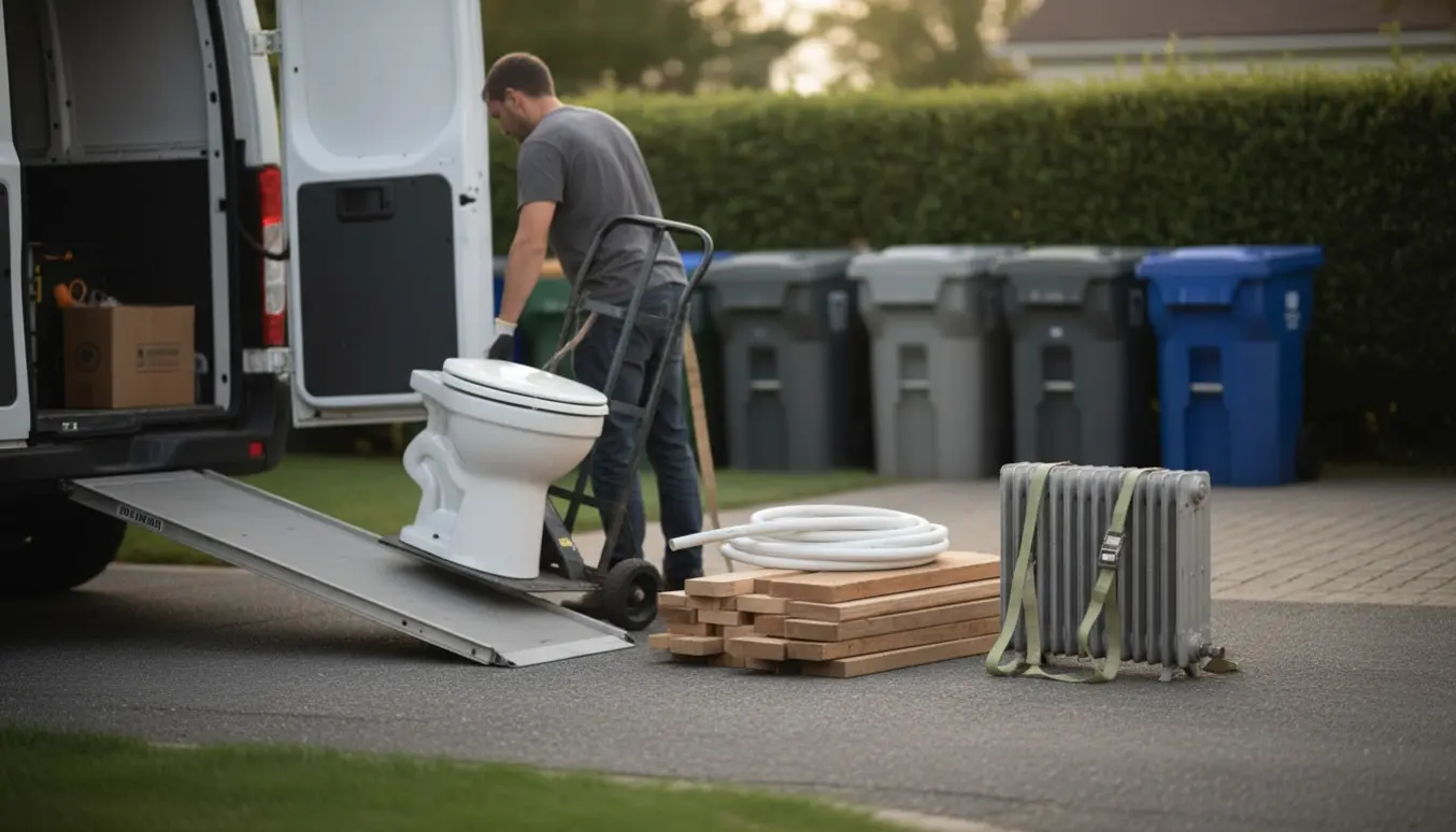 Person læsser byggeaffald som toilet, træ, rør og radiator på en varebil ved indkørsel klar til genbrugsplads.