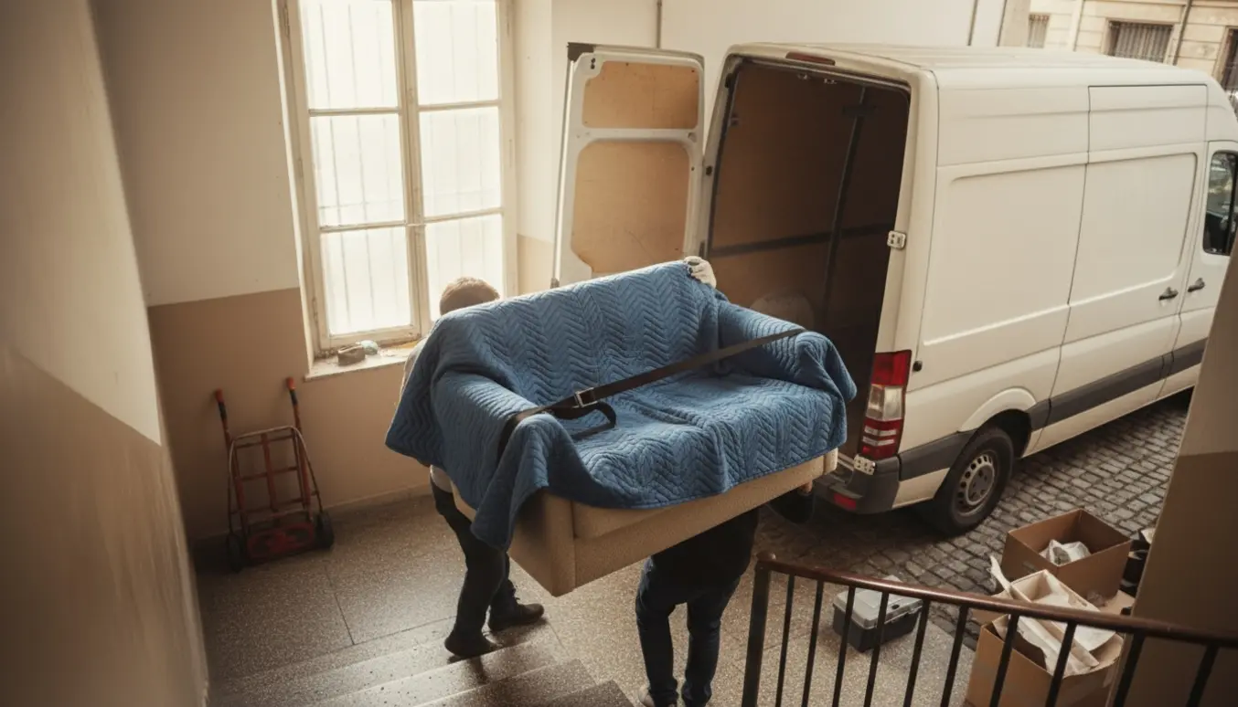 To personer bærer en indpakket lille sofa ned ad en trappe mod en åben, ubemærket flyttevogn.
