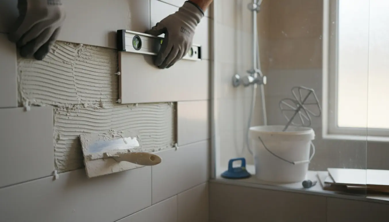 Nærbillede af hænder, der opsætter øverste fliser i en badekabine med fliseklæb, flisekryds og vaterpas.