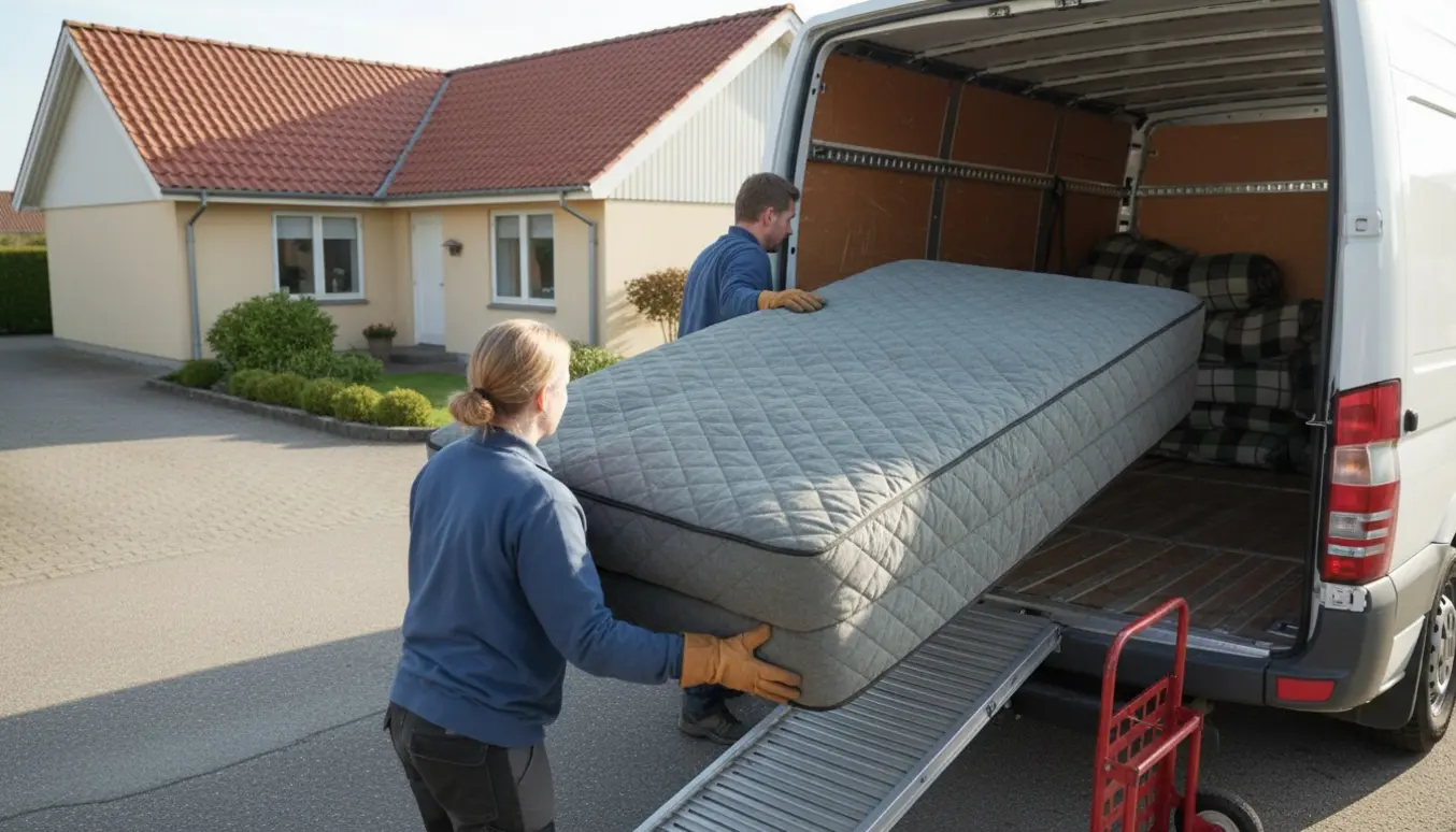 To mænd løfter en indpakket 140x200-seng ind i en flyttevogn foran et hus uden trapper.