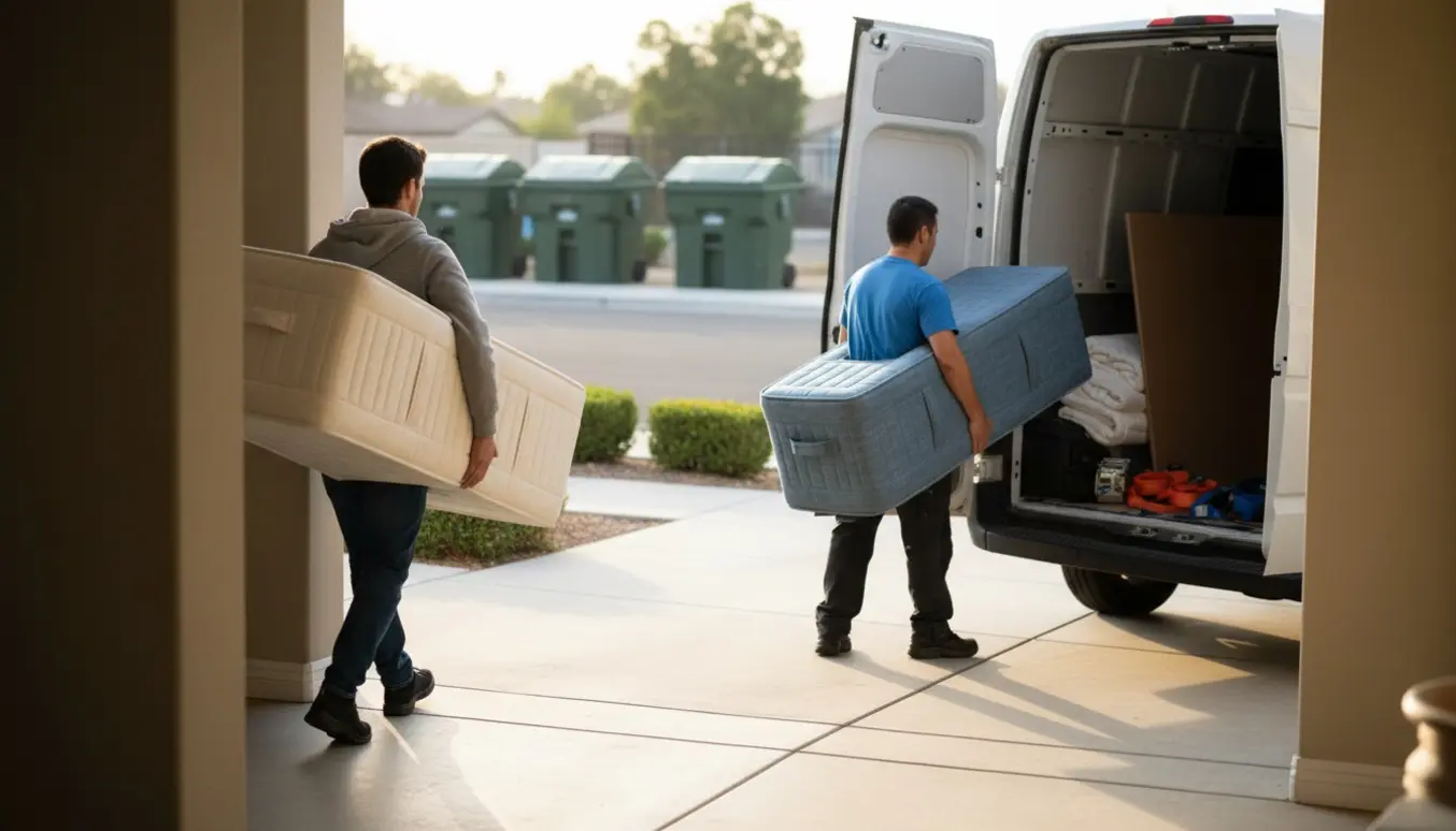 To personer bærer boxmadrasser ud til en åben varevogn på indkørslen.