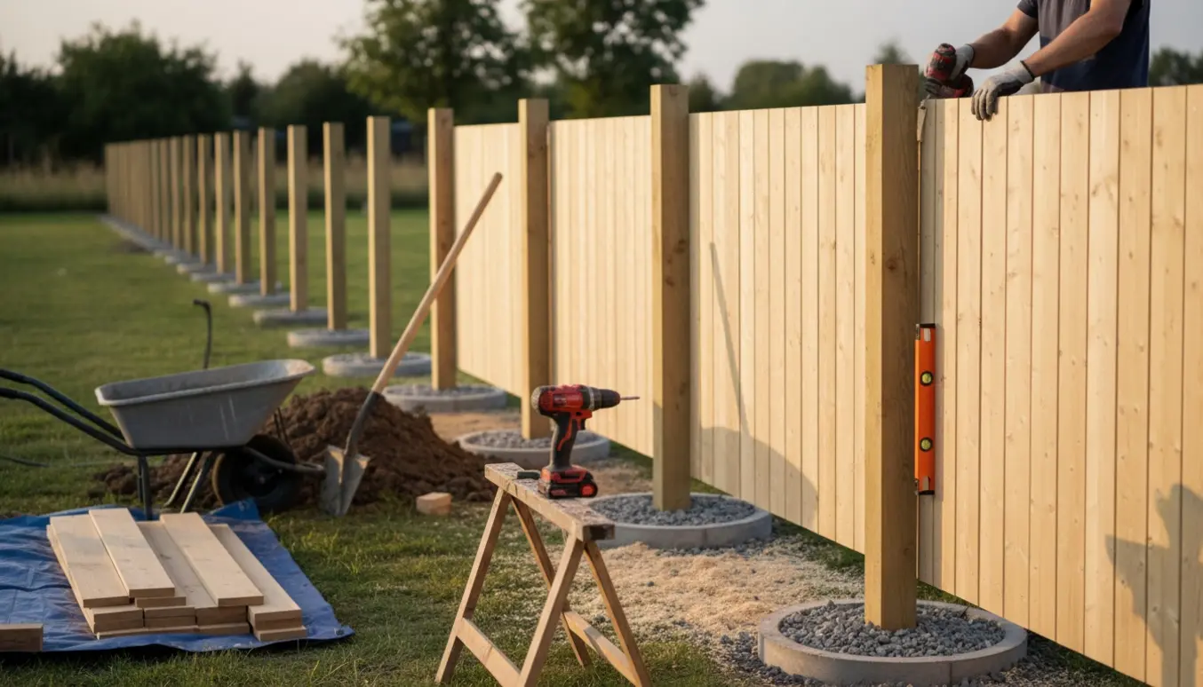 Opbygning af nyt træhegn i en baghave med række stolper, monterede paneler og profilerede brædder klar til montering.