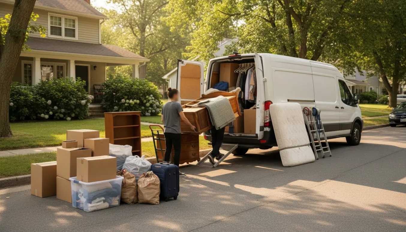 Flyttevogn ved fortovet med en seng, møbler og kasser mens hjælpere laster og aflaster på en solrig sommerdag.