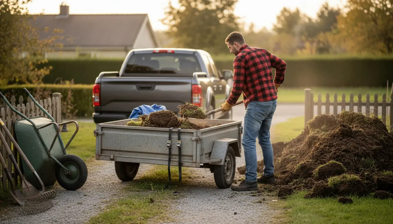 En trailer læsset med jord på indkørsel, hvor en person skovler jord i uden at vise ansigt.
