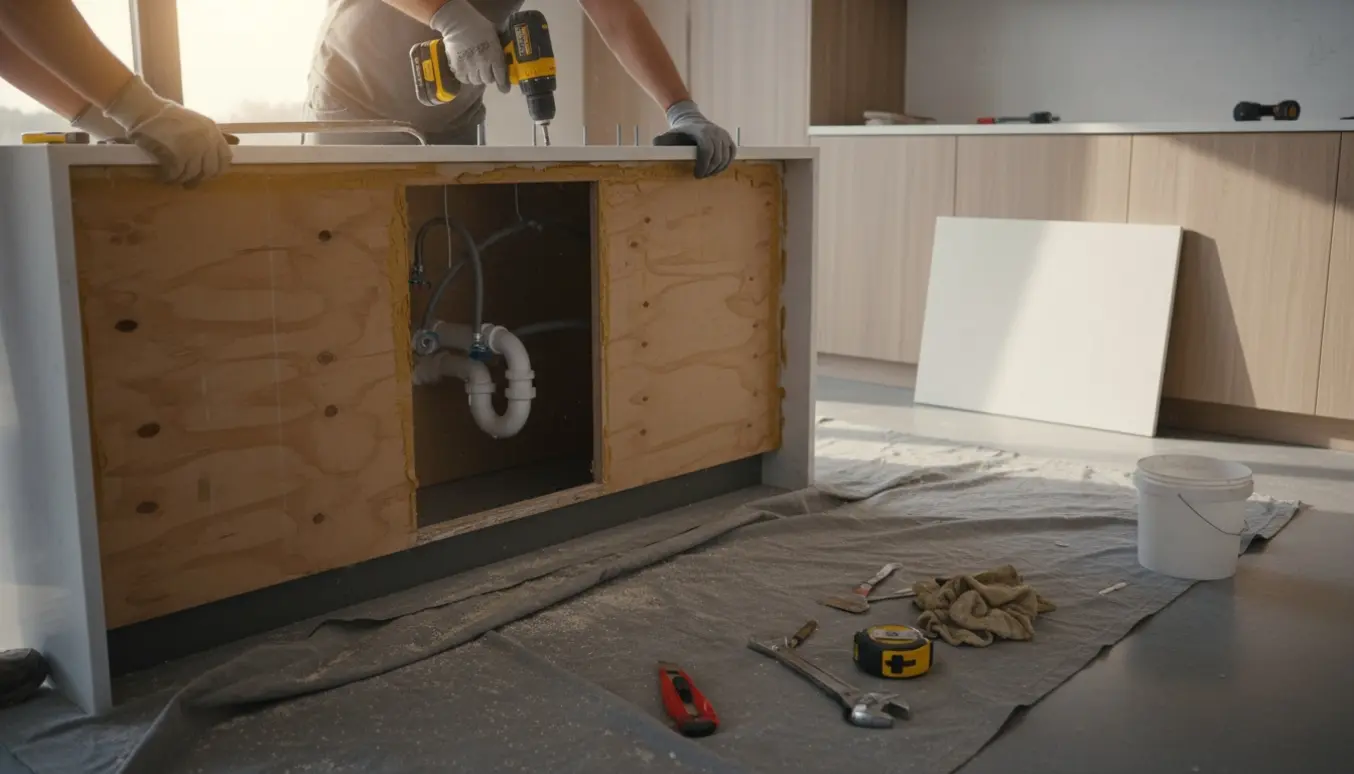 Hænder afmonterer to køkkenbordplader fra en køkkenø og en kogeø med værktøj spredt omkring.