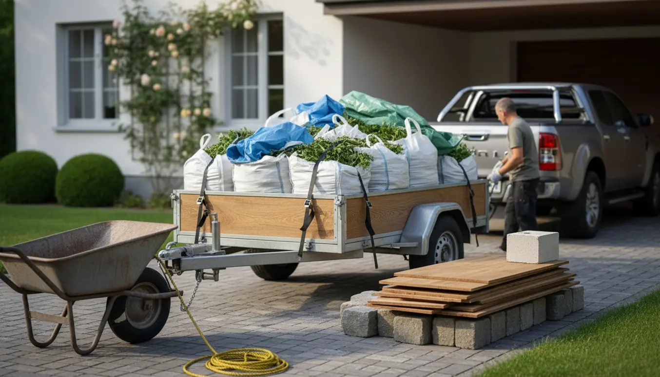 En trailer læsses med hækafklip i sække, presenninger, gulvbrædder og fliser ved en carport klar til afhentning.