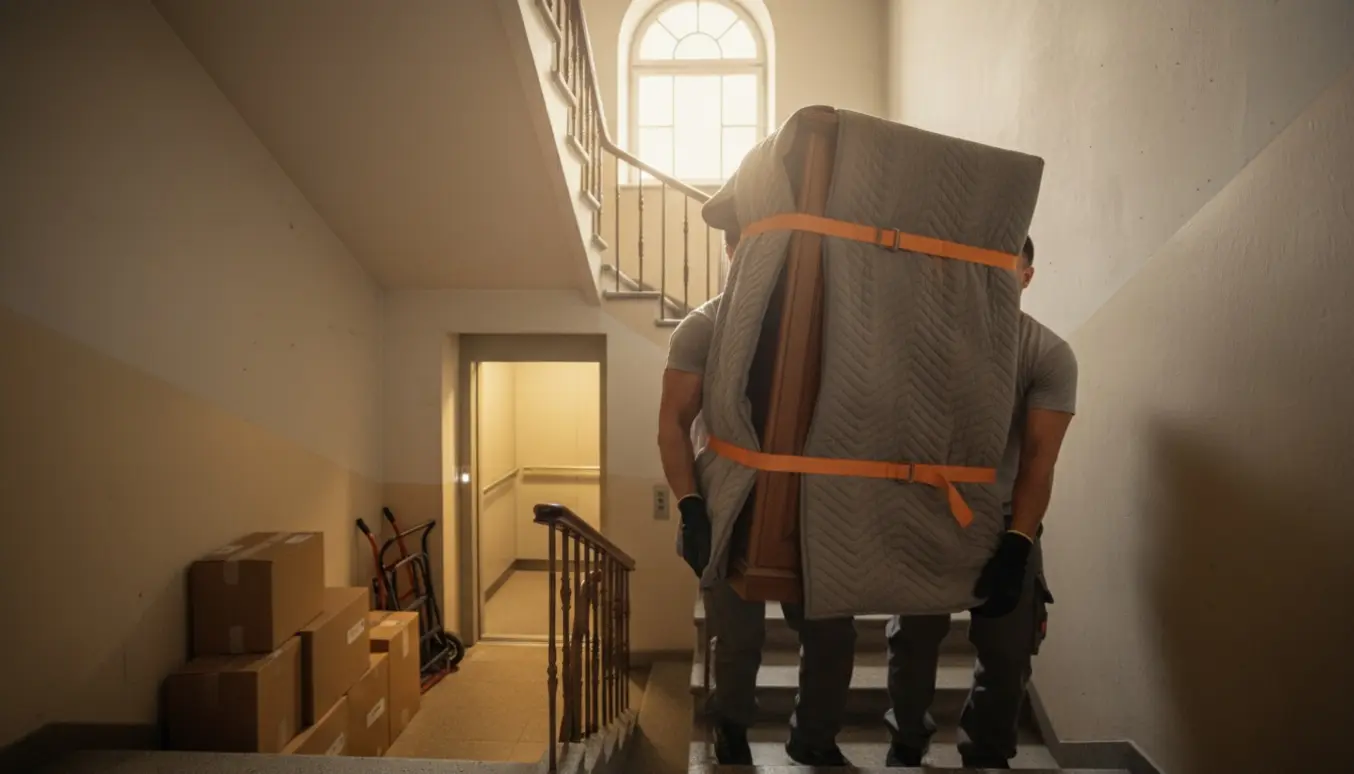 To flyttemænd bærer et mindre karlekammerskab op ad en trappe med flyttetæpper og stropper.