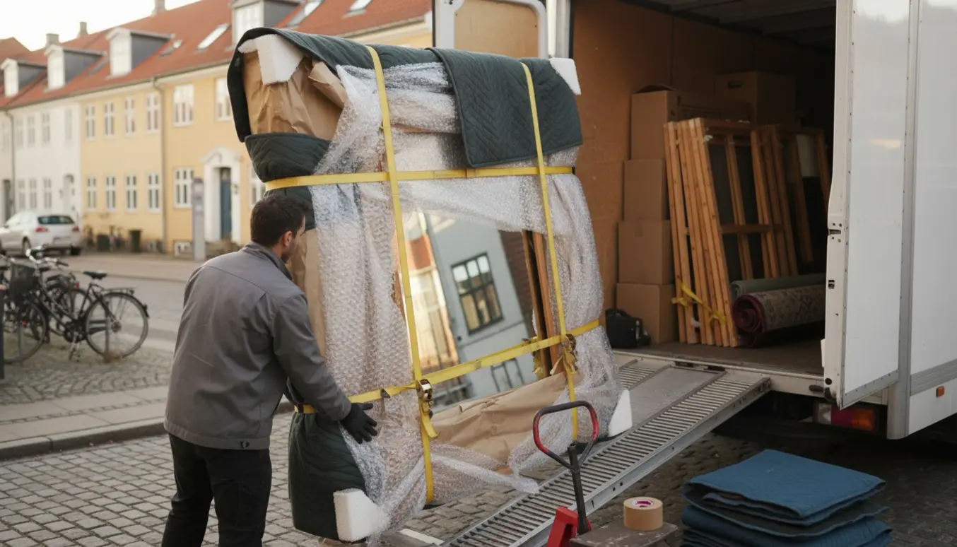 Et stort spejl bliver pakket og læsset i en flyttebil under en flytning fra Aalborg til København.