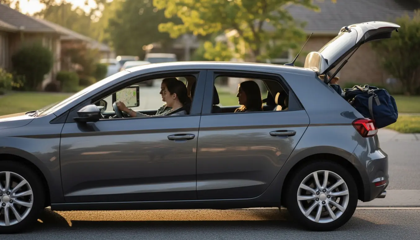 En bil klar til afgang med tre passagerer i sæderne, seler fastgjort og bagage ved bagagerummet.