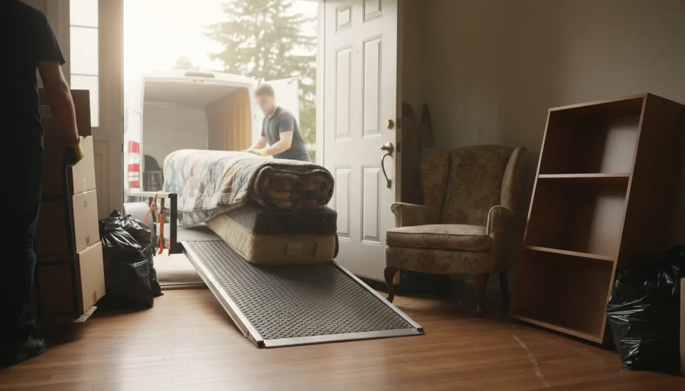 Affald og møbler læsses fra en stue op på en trailer gennem den åbne dør.