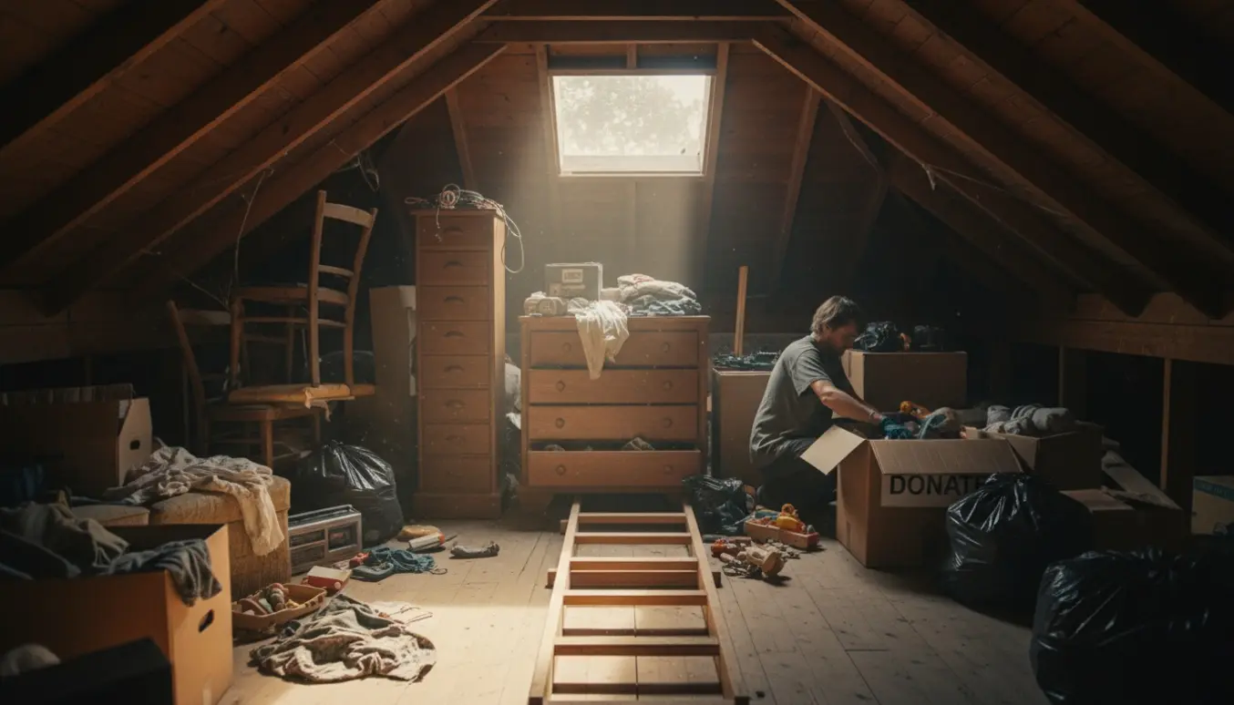 Et lavt, støvet loftrum fyldt med kasser, to kommoder og en person i gang med at rydde, belyst af sollys gennem et loftsvindue.