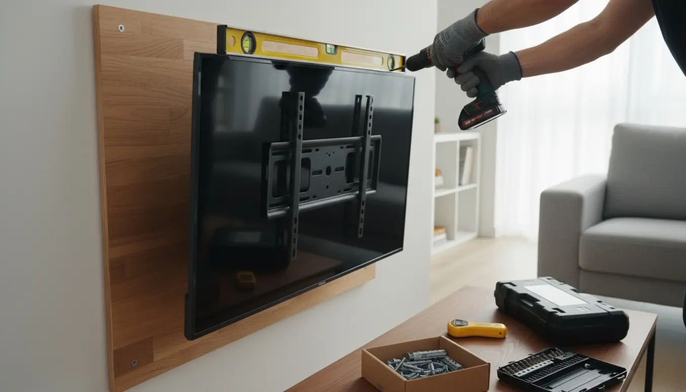 Hænder strammer skruer og retter et 55-tommers tv på en træplade på væggen med vaterpas.