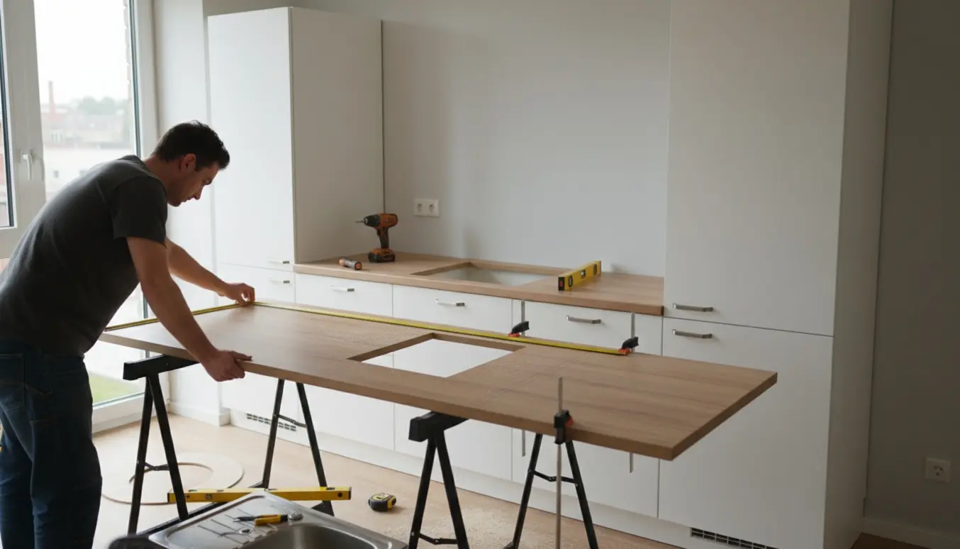 Håndværker måler og skærer en bordplade til montering på to højskabe og syv underskabe i et moderne køkken.