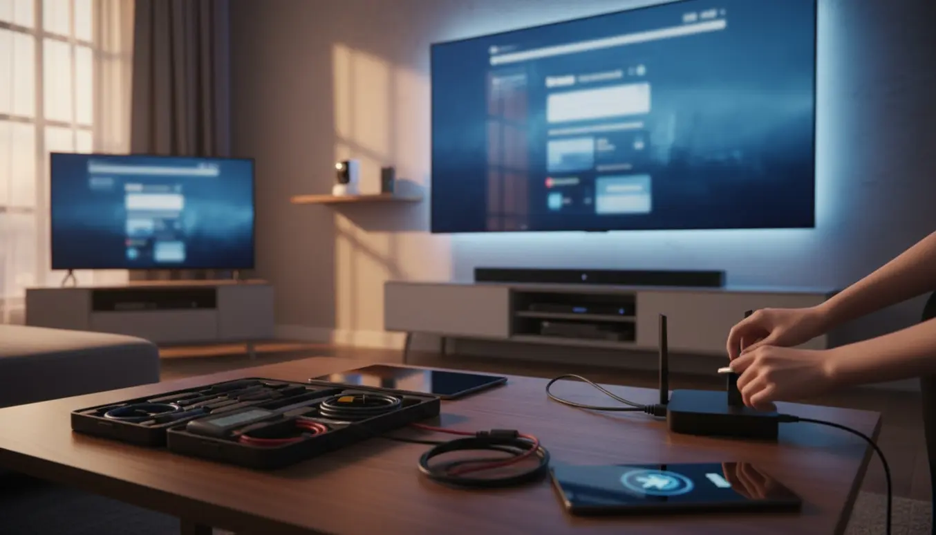 Hænder opsætter og fejlfinder hjemmeelektronik med TV, tablet, router, smart-lys og lille kamera.