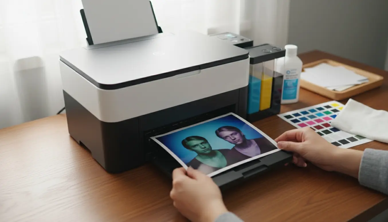 Nærbillede af en moderne inkjetprinter med en prøveudskrift, der viser forkerte farver, mens fyldte farvetanke er synlige.