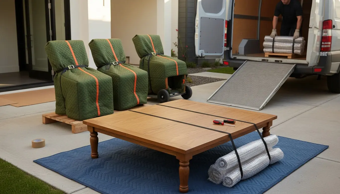 Adskilt spisebord med tillægsplader og pakkede stole ved åben flyttevogn og lejlighedsindgang.