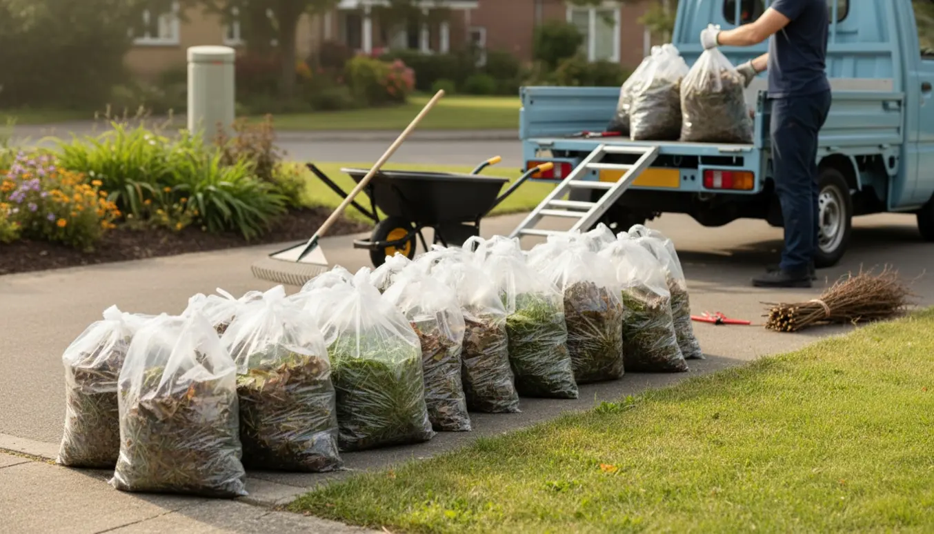Række af klare plastsække fyldt med blade, græs og grene ved en indkørsel, klar til afhentning.