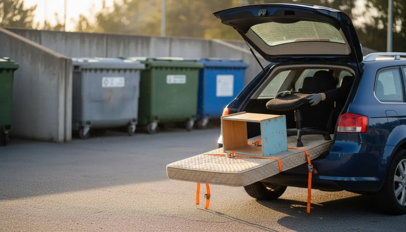 Åben bils bagagerum med en smal madras, en lille reol og en kontorstol ved en genbrugsplads i blødt eftermiddagslys.