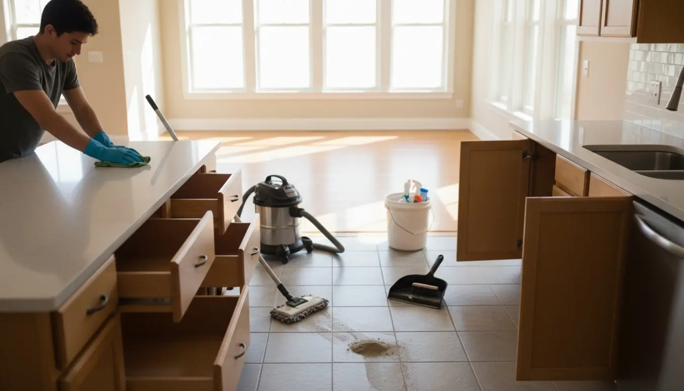 Lyst, tomt hjem under flytterengøring med moppe, støvsuger og hænder, der vasker en overflade.