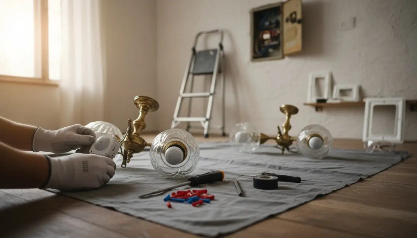 Nærbillede af handsker og værktøj, mens en bevægelsessensorlampe fjernes fra loftet i et ældre hus.