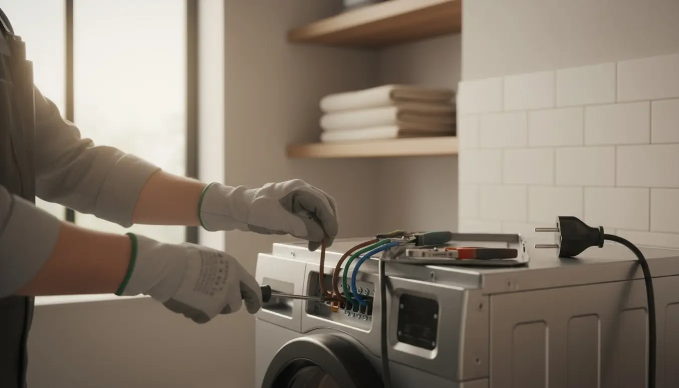 Hænder i isolerede handsker forbinder tørretumblerens ledninger i et pænt vaskerum.